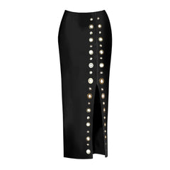 Black high-slit maxi skirt with front grommet detailing