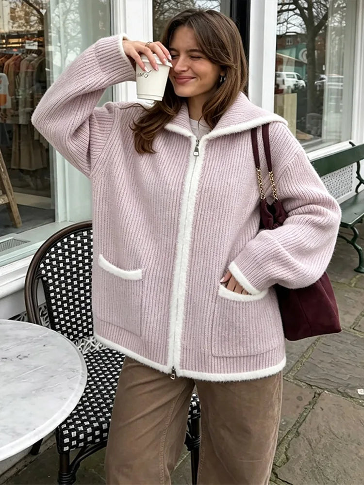Textured zip-front collar coat in pink