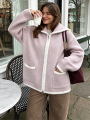 Textured zip-front collar coat in pink