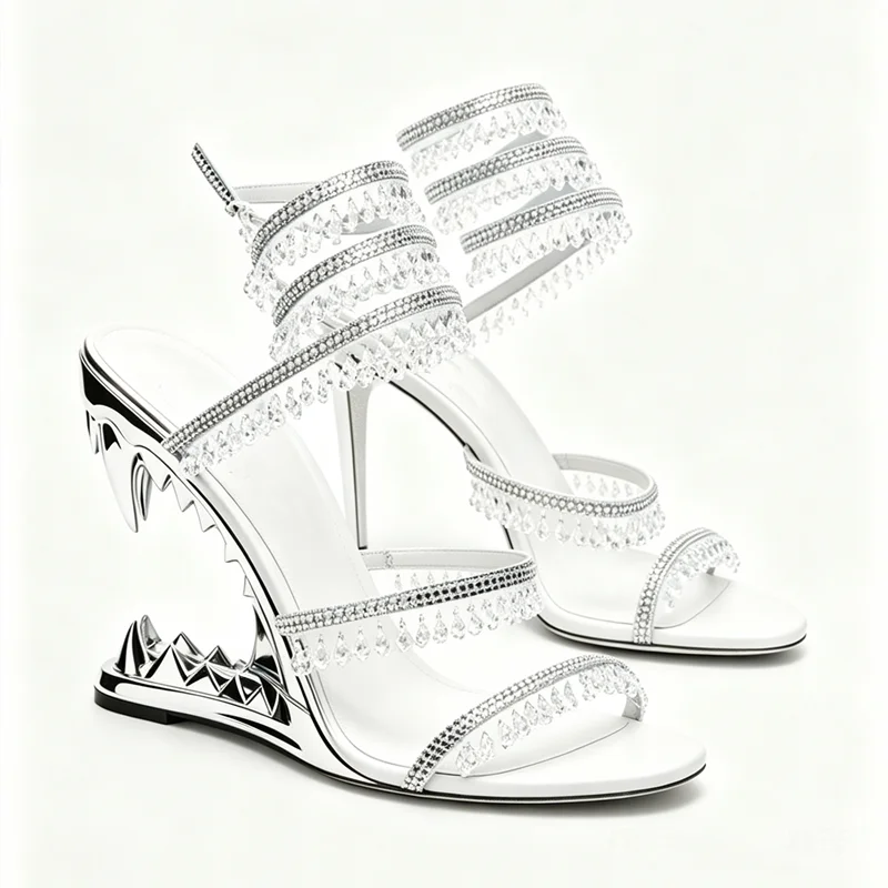 White crystal cutout wedge heel sandals with wraparound ankle strap