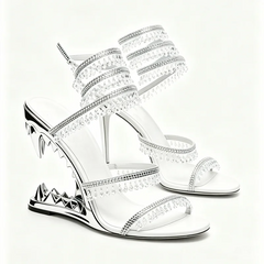 White crystal cutout wedge heel sandals with wraparound ankle strap