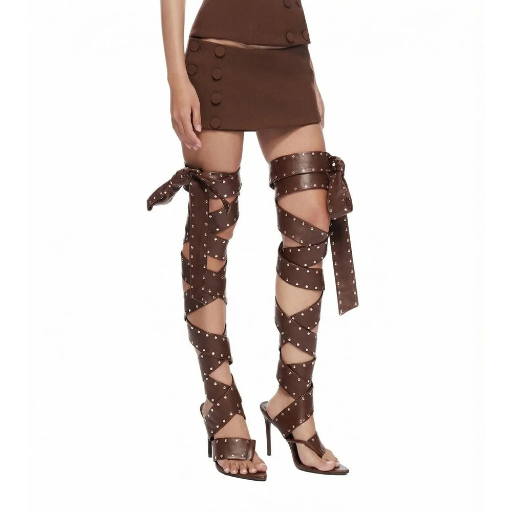 Studded lace-up thigh-high heeled sandals in brown