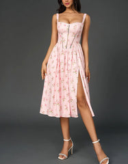 Floral Print Slit Thick Strap Midi Dress
