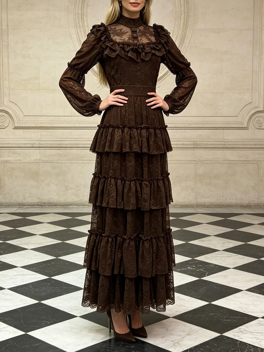 Model wearing a brown ruffle lace maxi dress