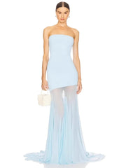 Woman wearing a light blue strapless gown with a sheer overlay on a white background