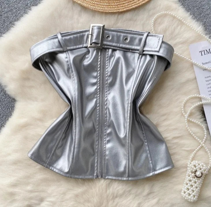 Women PU Leather Zipper Short Corset Top