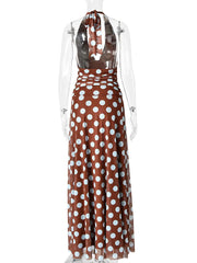 Polka Dot Deep V Neck Halter Maxi Dress