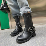 PU Leather Mid-Calf Boots Thick Heels Round Toe Size 34-39