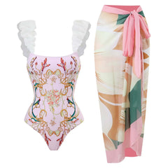 Tie-Strap V-Neck One-Piece Swimsuit with Matching Sarong Set