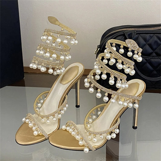 Gold crystal pearl ankle strap stiletto heels