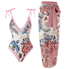 V-Neck Tie-Strap Swimsuit and Wrap Skirt Set
