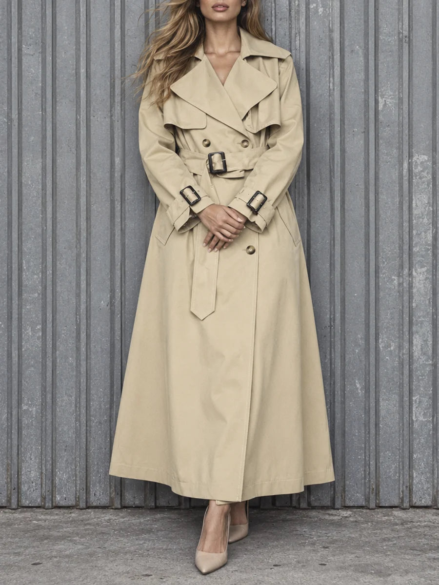 Beige belted double-breasted jacket with full sleeves