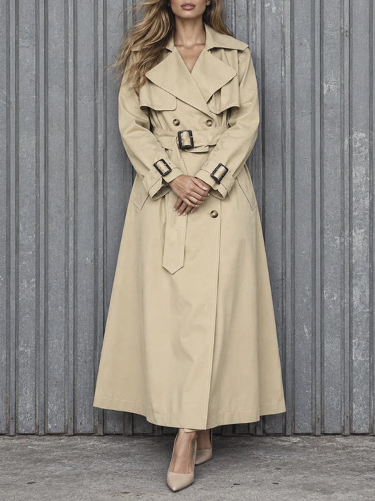 Beige belted double-breasted jacket with full sleeves