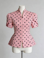 Polka Dot Puff Sleeve Mock Collar Top