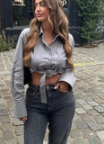 Grey Stripe Crop Top Side Pockets Belted Women's Shirt 