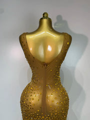 Sleeveless V-Neck Crystal Embellished Bodycon Floor-Length Dress