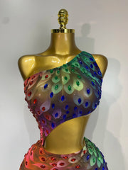 Sheer Rainbow Crystal One Shoulder Cut Out Mini Dress