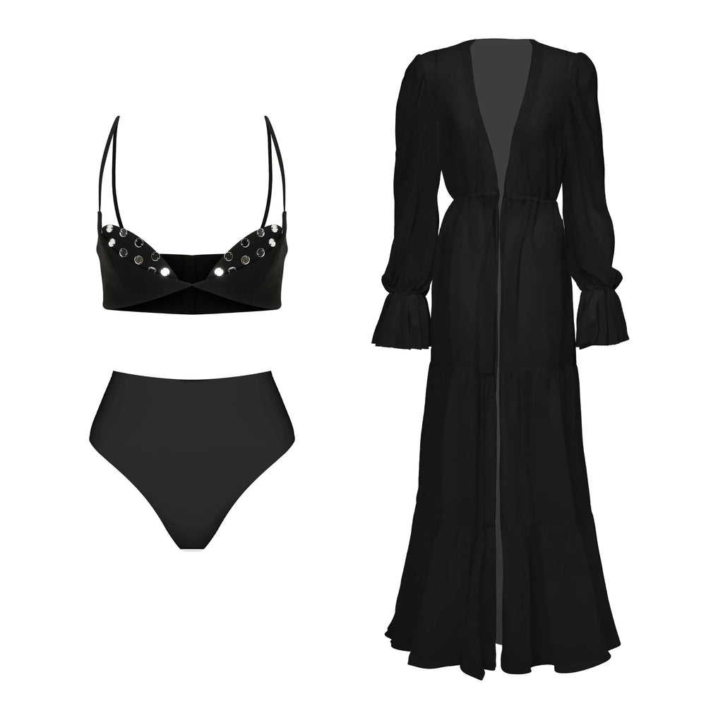 Black embellished bikini top and high waist bikini bottoms with black maxi skirt