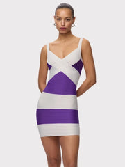 Purple Striped V-Neck Bodycon Bandage Mini Dress