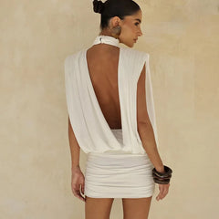 White halter neck ruched mini dress, open back