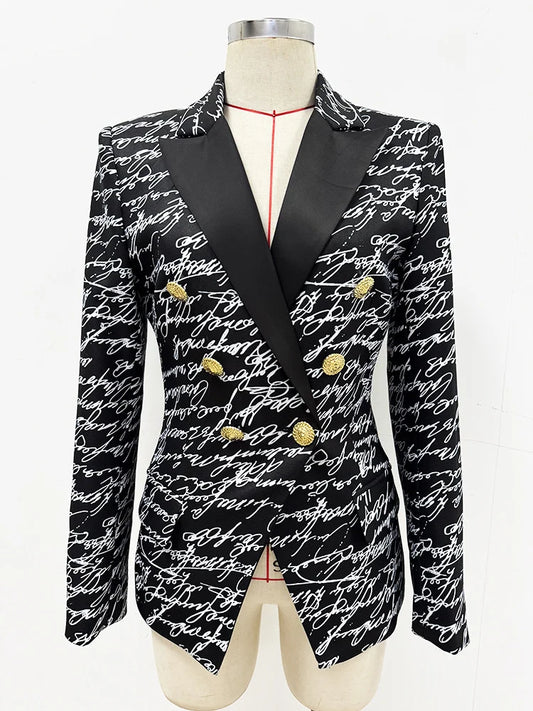 Love letter print double-breasted blazer on a mannequin.