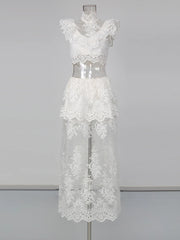 White Floral Lace Crop Top and Maxi Skirt