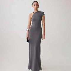 Gray one shoulder maxi dress with jewelry