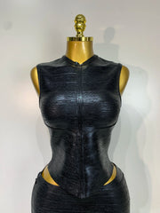 Metallic Bandage Mock Neck Tank Top and Mini Skirt Set