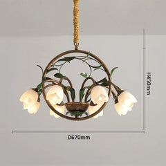 Decorative chandelier with leaf design and dimensions on a gray background