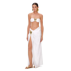 Halter Neck Plunge One-Piece Swimsuit and High-Slit Wrap Skirt Set