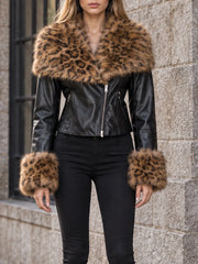 Leopard print faux fur collar jacket
