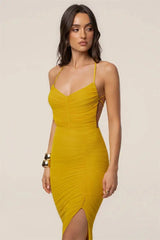 Ruched High Slit Spaghetti Strap Maxi Dress