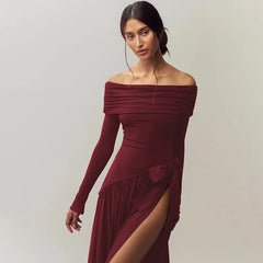 Woman wearing an Off the Shoulder Bow Long Sleeve Split Dress