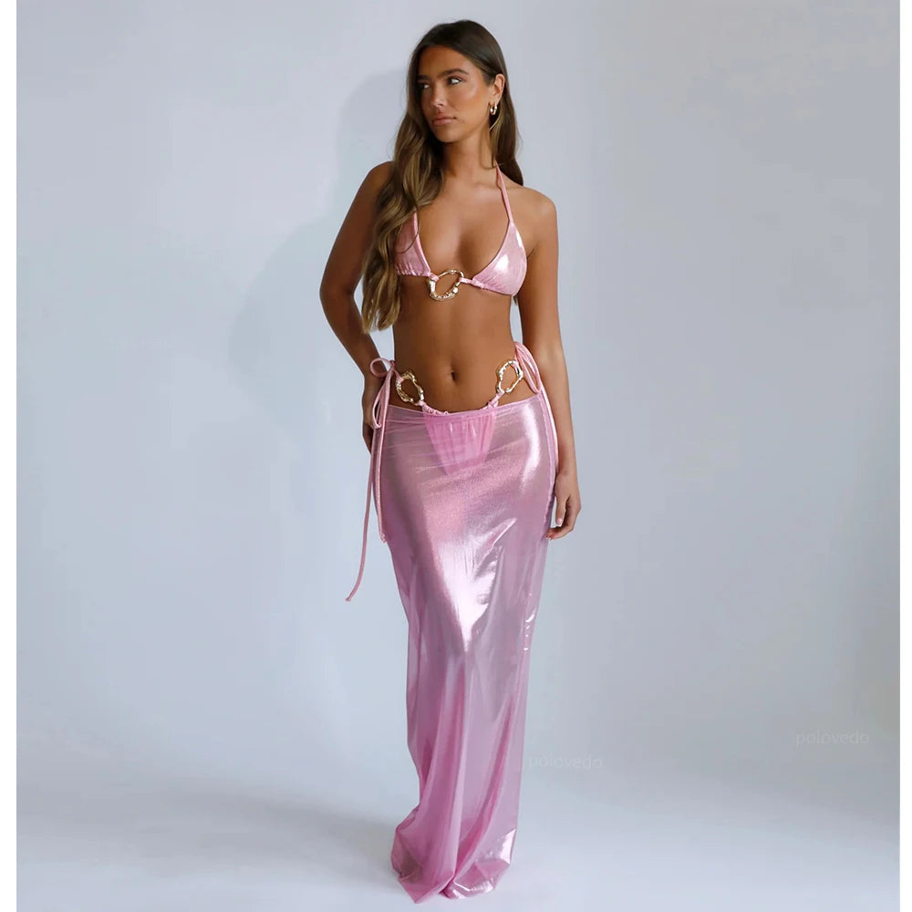 Pink metallic halter bikini top and matching maxi skirt