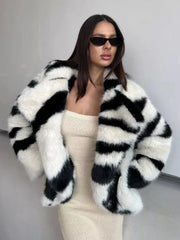 Large Lapel Pocket Zebra Print Thicken Fur Cardigan