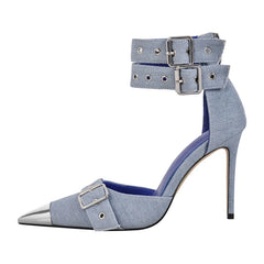 Light wash denim pointed toe buckle ankle strap heels