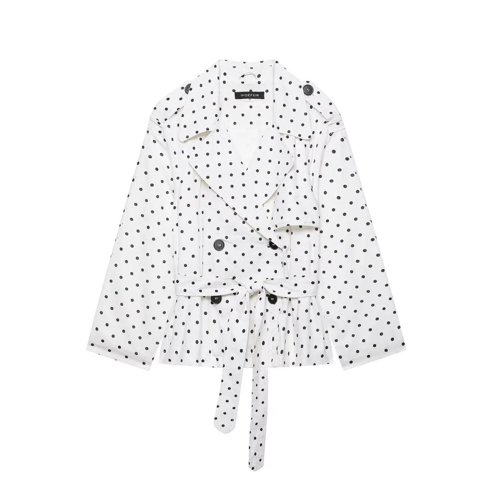 Polka dot belted trench coat flat lay front