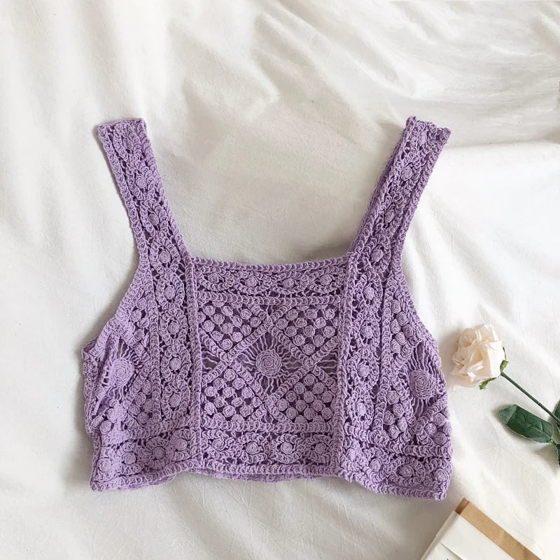 Hollow Out Knitted Embroidry Camisole Top