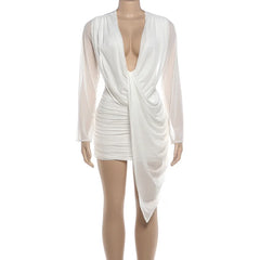 White Sheer Sleeve V-Neck Ruched Mini Dress