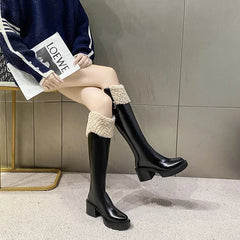 Knee High Square Heel Zip Belt Buckle Plush Edge Boots