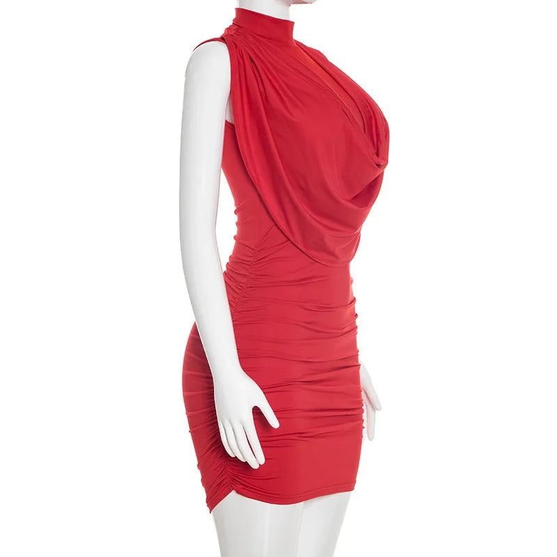 Red dress on a white mannequin against a white background