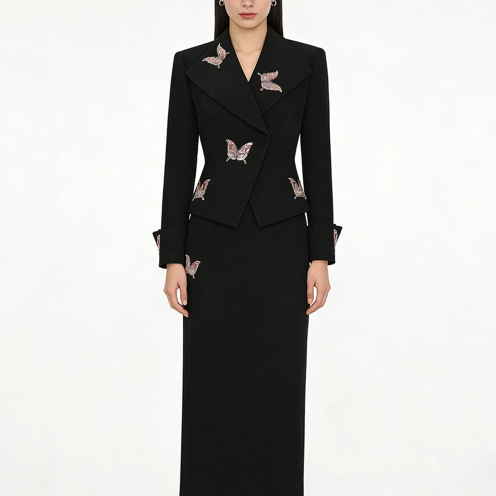 Embellished butterfly blazer with A-line skirt