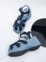 Denim Flower Wedge Platform Sandals