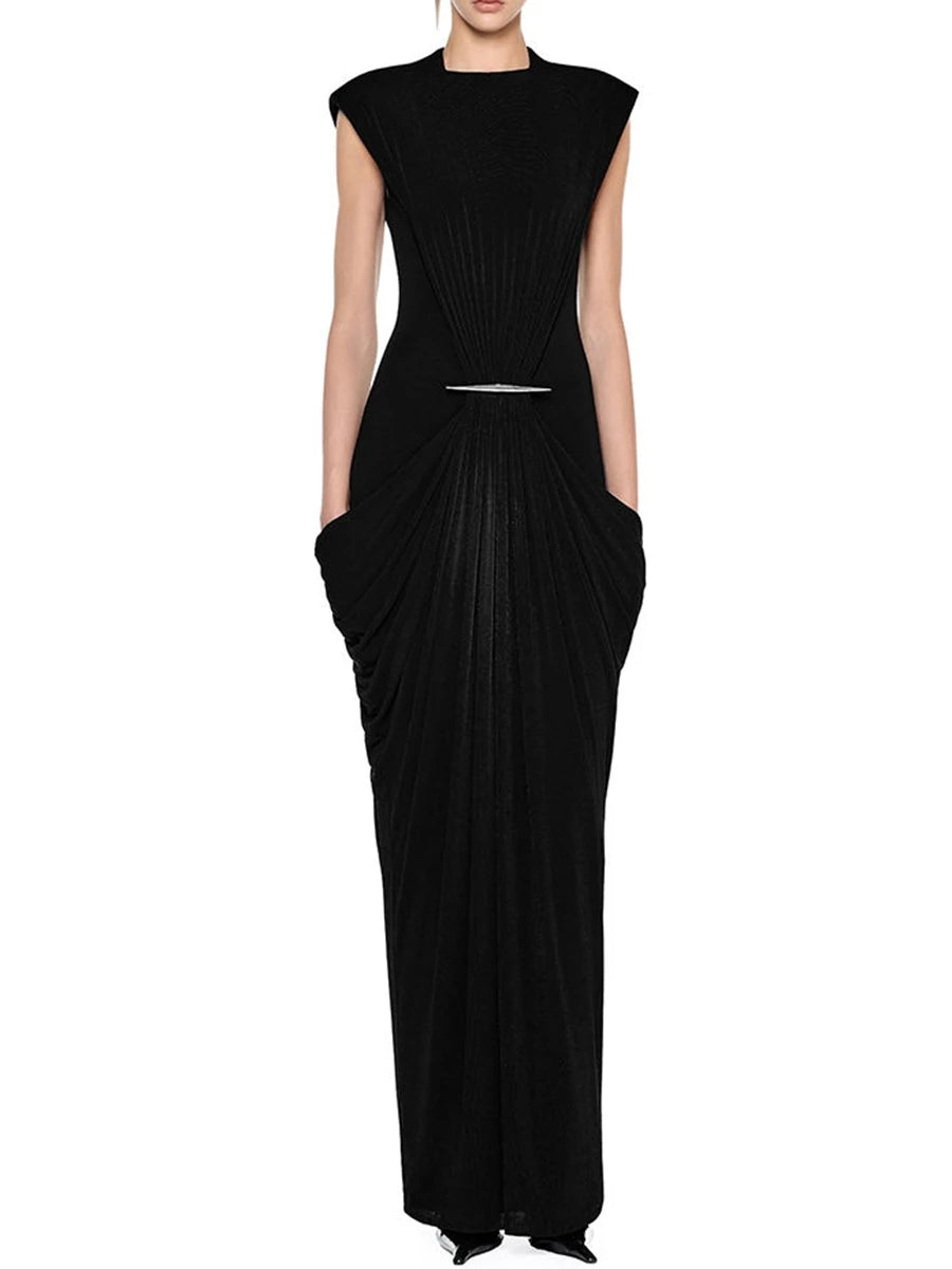 Black draped metal buckle maxi dress