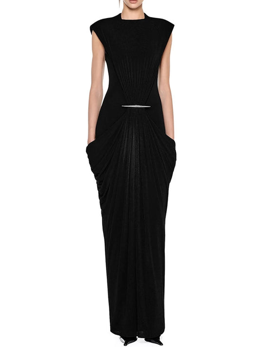 Black draped metal buckle maxi dress