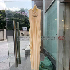 Round Neck Metal Buckle Cut Out Sleeve Drape Maxi Dress