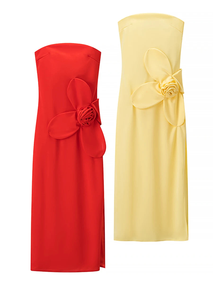 Red and yellow strapless dresses with floral details 