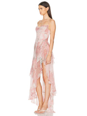 Spaghetti Strap Floral Print Ruffle High-Slit Asymmetrical Hem Maxi Dress
