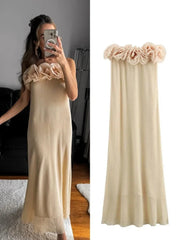 Solid Strapless Sleeveless Flowers Appliques Long Dress