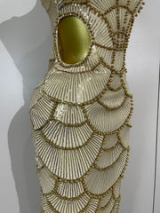 Pearl Beaded Sequins Spaghetti Strap Bodycon Long Dress